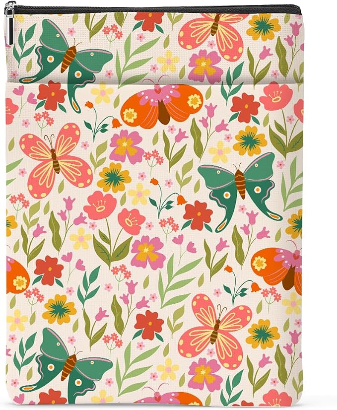 Book Sleeve Book Protector Book Pouch Book Lovers Gifts Bookish Gifts Book Cover with Zipper for Hardcover Paperback Washable Floral Butterfly Printed Gift Bag for Women Teacher Girl, BookCover