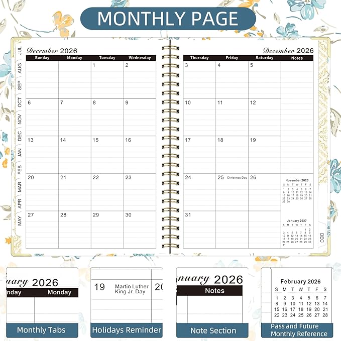 2026 Monthly Planner, Jan.2026 - Dec.2026 Weekly Monthly Planner 6.25"x8.5" with Page Tabs, Calendar Hardcover with Inner Pocket, Elastic Band, Twin-Wire Binding, Bookmark, Blue-Yellow Flower