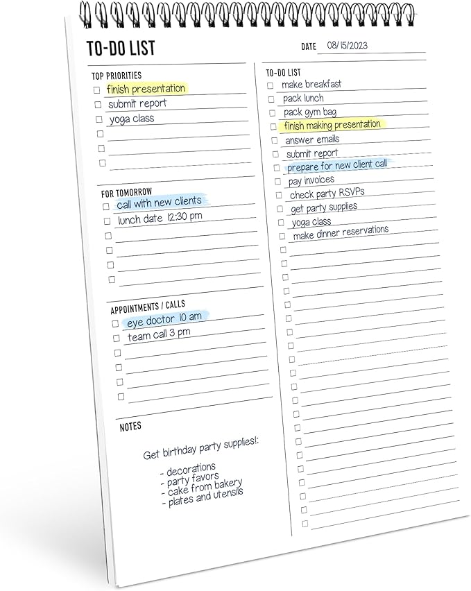 To Do List Notepad 8.5x11" - Has Multiple Functional Sections - Large Size, 52 Sheets - Spiral Daily Planner Notebook - Task Checklist Organizer Agenda Pad for Work, Note and Todo Organization