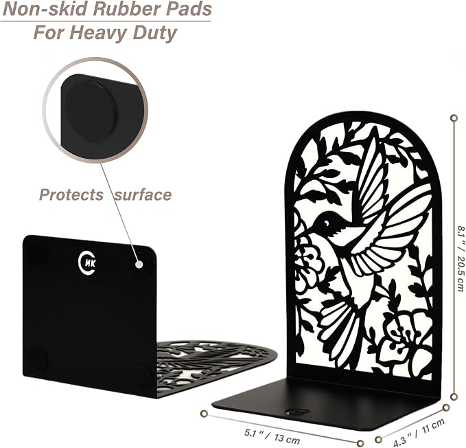 CNK Premium BookEnds - Heavy Duty Metal Book Stoppers for Home Office, Decorative Book Shelf Holders (Hummingbird Black)