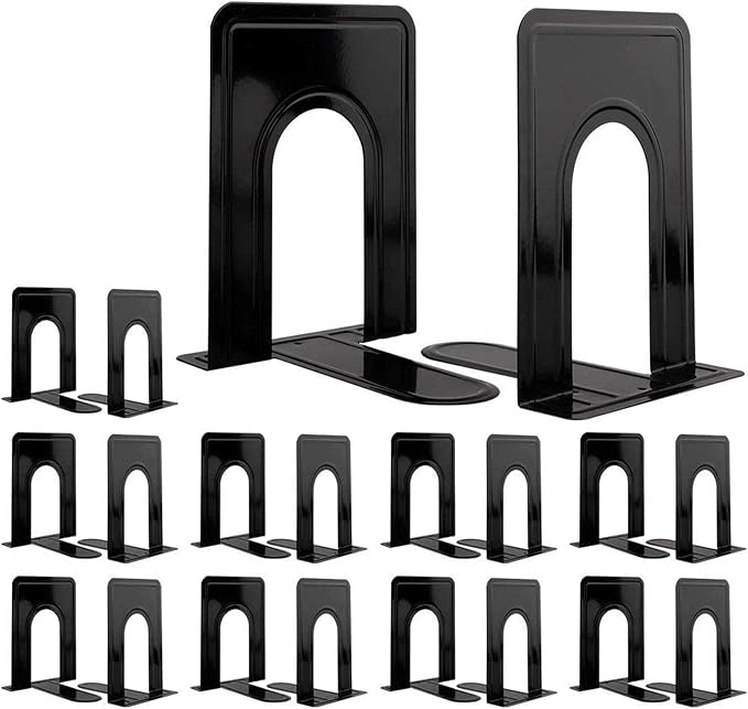 Jekkis 20pcs Book Ends Metal Bookends for Shelves, 6.6"x 5.7"x 5" Black Heavy Duty Bookends for Nonskid Supports Plain Large, Library Office Home, 10 Pair