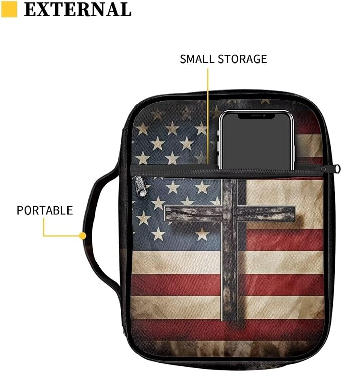 Suobstales American Flag Cross Print Bible Cover Bible Case for Women Men Lightweight Carrying Book Cover Church Bag Bible Protective Bag with Handle and Zippered Pocket