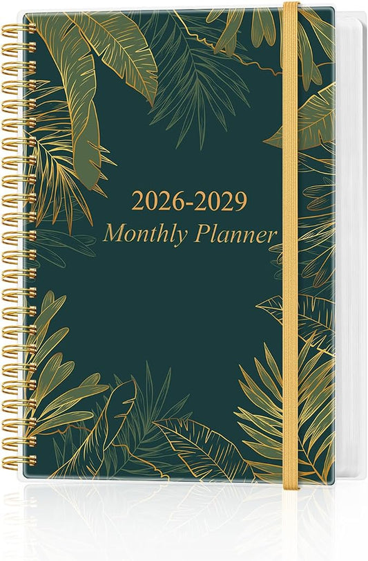 2026-2029 Monthly Planner, 3 Years Calendar from July 2026 - June 2029 with Spiral Binding, Inner Pocket, Elastic Closure, 36 Month Planner for Home | School | Office, 5.8" x 8.5", Green Gold Leaf