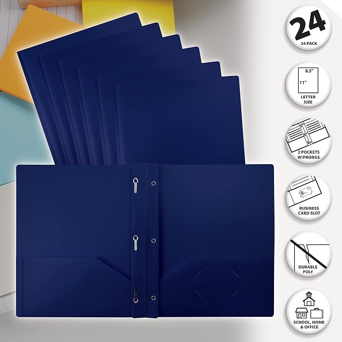 Better Office Products Navy Blue Folders with 3 Metal Prongs, Blue Plastic Folders with Pockets and Prongs, Heavyweight Letter Size Poly Folders, 24 Pack, Durable Plastic Pocket Folders with Prongs