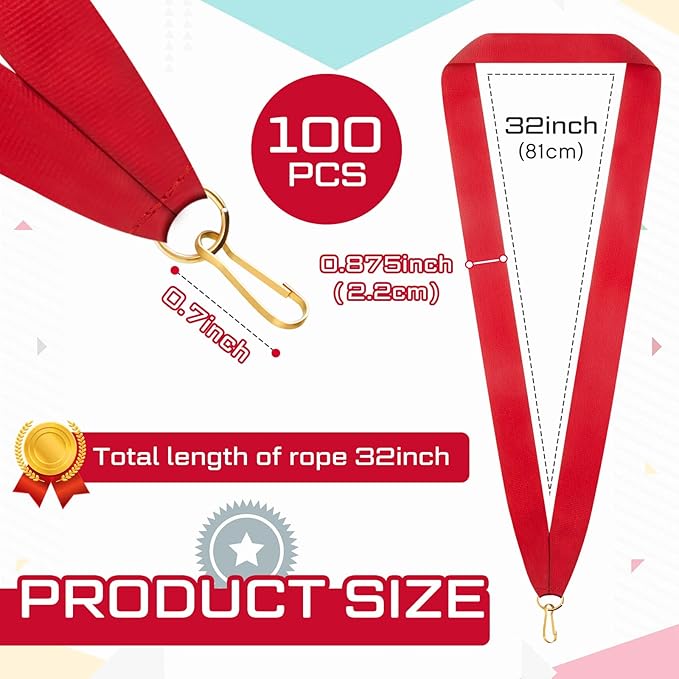 Woanger 100 Pcs Medal Ribbons Award Ribbons Flat Neck Medallions Ribbon Blank Colored Ribbon Lanyard with Snap Clips for Kids Adults Student Party Competitions Sports Meeting Achievement, Red