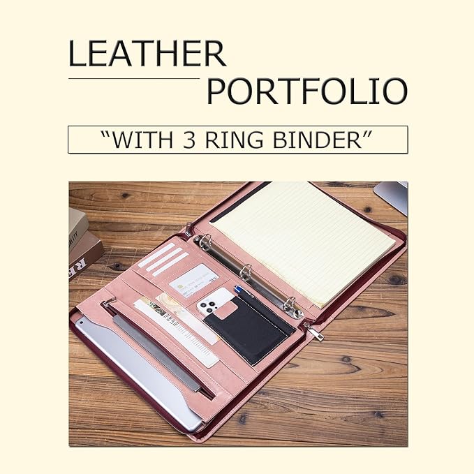 Personalized Leather Portfolio with 3 Ring Binder, Vegan Leather Padfolio Zippered, A4 Notebook Holder Customized Business Folder Organizer Gift for Women, Pink