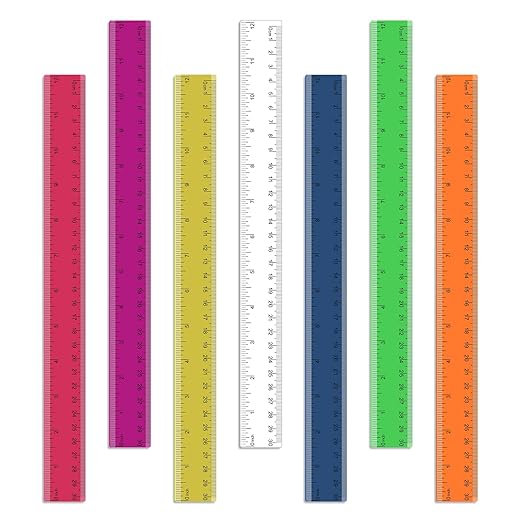7 Pack 12 Inch Rulers, 30 cm Transparent Rulers, Assorted Color Clear Plastic Rulers with Inches and Centimeters, for Kids School Home and Office Supplies