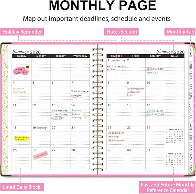 2026 Planner, Weekly and Monthly Academic Year 2026 Calendar(January 2026- December 2026), Agenda Book for School Stuedent, Teacher, Home, Office (Pink(JAN2026-DEC2026))