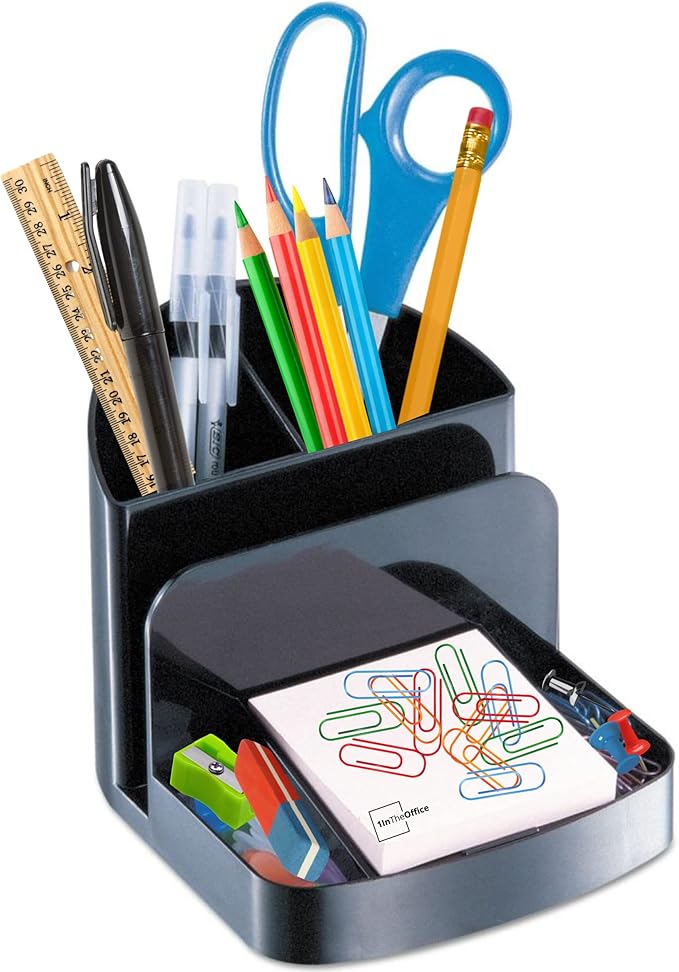 1InTheOffice Office Supplies Desk Organizer, Multifunctional Plastic Desk Storage Organizer,6 Compartments, Black