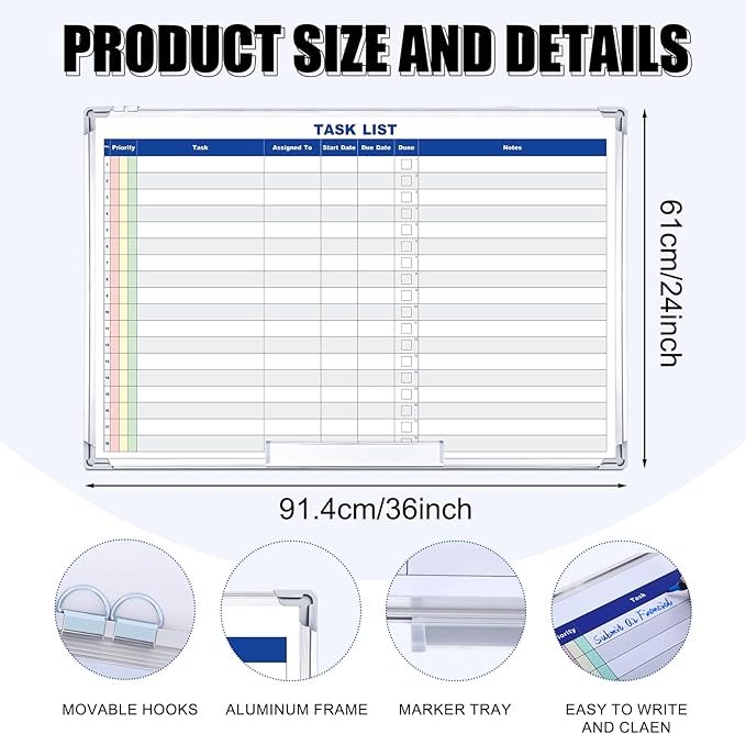 Lincia Large Dry Erase Task List 36 x 24 Inch Erasable Task Planner White Board for Wall Big Whiteboard Employee Assignment Tracker for Office Managing and Tracking Tasks to Increase Productivity
