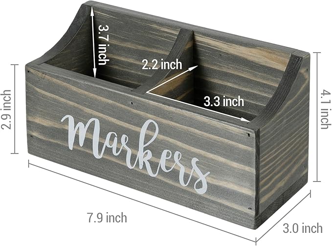 MyGift Magnetic Mount Vintage Gray Solid Wood Dry Erase Marker and Eraser Holder with 2 Compartments, Desktop Office Supplies Storage Organizer Bin with White Cursive Marker Lettering