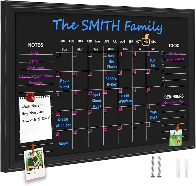 TORASO Chalkboard Calendar, 24” × 36“ Calendar Magnetic Chalk Board, Monthly and Weekly Chalkboard, Family Planner(Family-HB-6090-new)