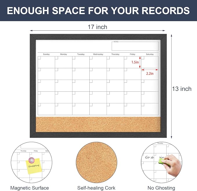 Dry Erase Calendar for Wall, 17x13 Inches Calendar Whiteboard for Wall, Small Magnetic White Board Corkboard with Wood Framed, Hanging Dry Erase Board for Kitchen Home Office School Planner