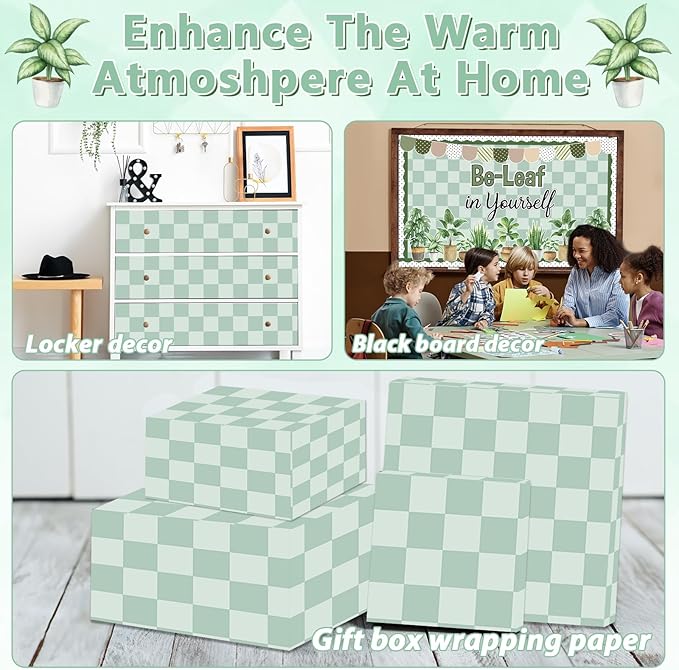 Green Checkered Bulletin Board Paper Roll Retro Hippie Green Bulletin Board Background Back to School Classroom Decor Poster for Art Craft DIY Project Home Office Spring Party Supplies 17.7inx20ft