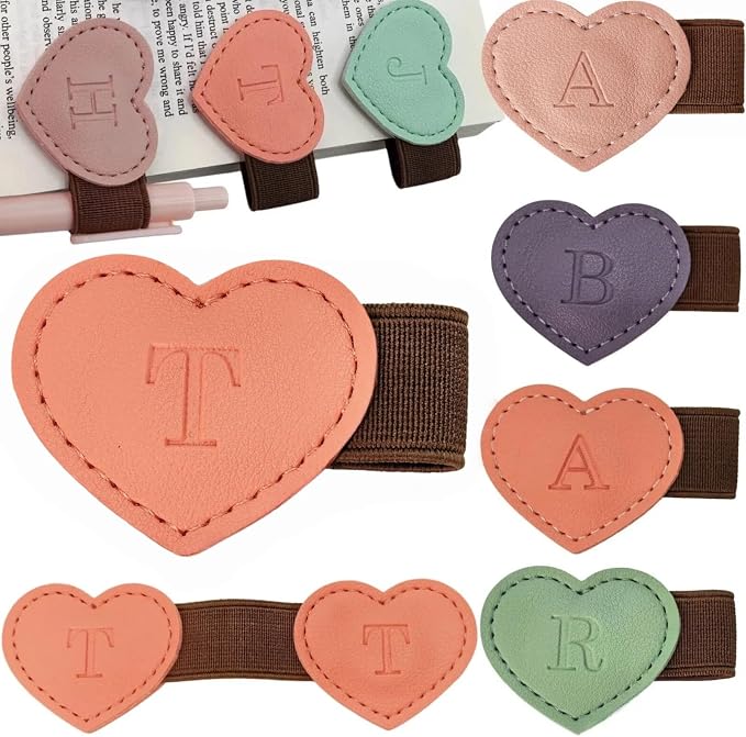 Personalized Magnetic Leather Heart Bookmark with Pen Holder - 26 Letters Custom Book Mark Notebook Pencil Loop with Initial Book Marker for Readers, Book Lovers- Gifts for Women Men(Black & Orange,T)