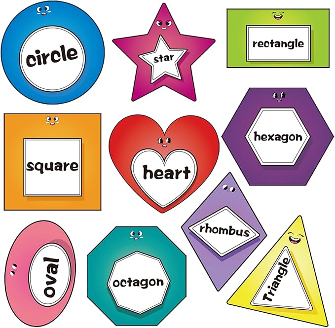10 Pcs Shapes Bulletin Board Set, Educational Boarders Posters, Shapes for Classroom Wall Decor with 50 Adhesive Dots, Waterproof Cutouts for Toddlers Preschool Kindergarten Learning