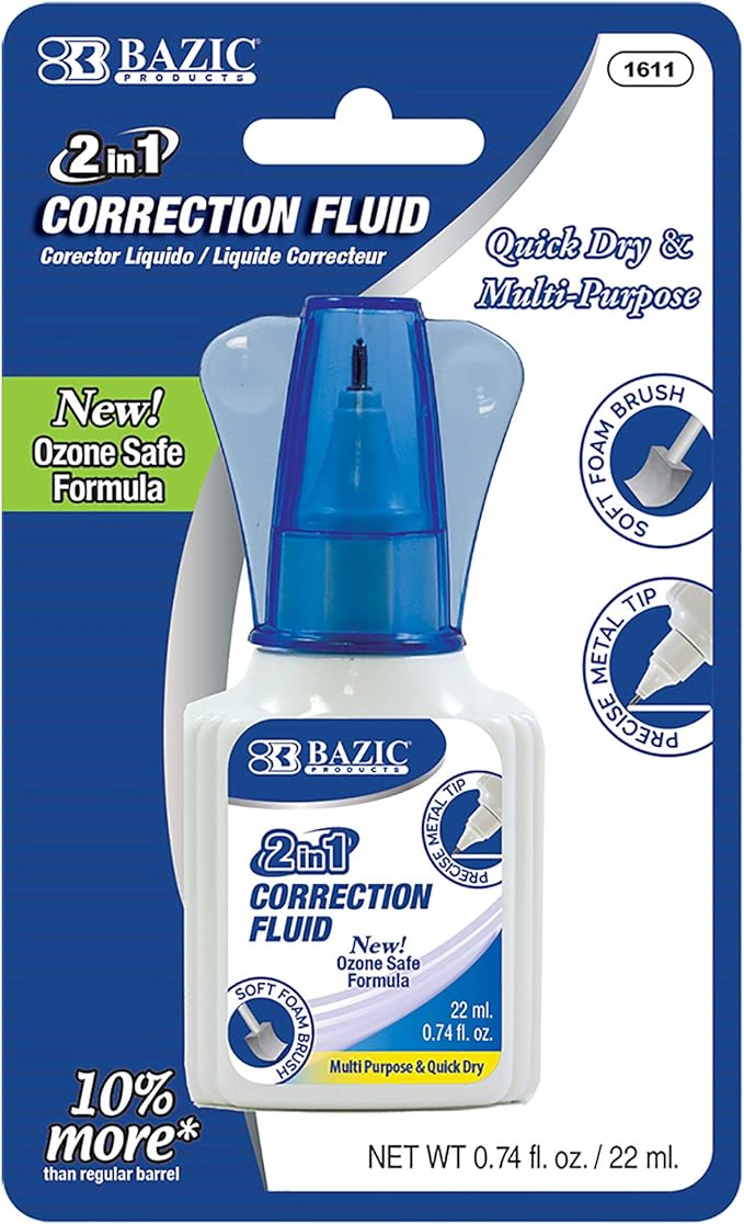 BAZIC Products Correction Liquid 2 in 1 (0.74 oz / 22 ml), Foam Brush & Precise Metal Tip Applicator, Instant Corrections Pen White Out Wipe Out Fluid, 1-Pack