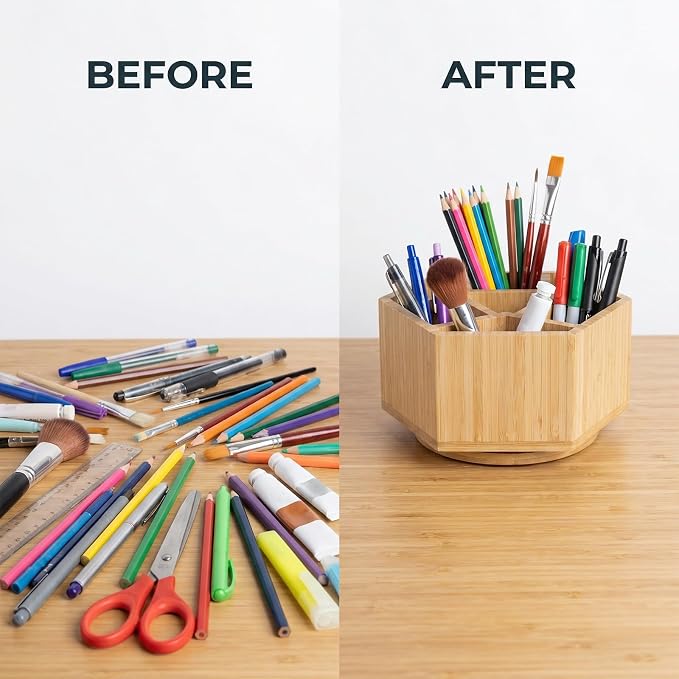 360° Rotating Bamboo Desk Organizer Hexagon Art Supply Holder Office Storage for Colored Pencils, Crayons, Paint Brushes, and Makeup Cosmetics