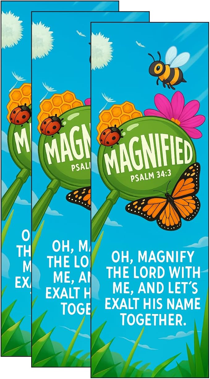 VBS Magnify the Lord, Magnified Theme Bookmarks, Psalm 34:3, 100 Pack, 6 x 2 inches, Glossy Cardstock, Church and Sunday School Supplies