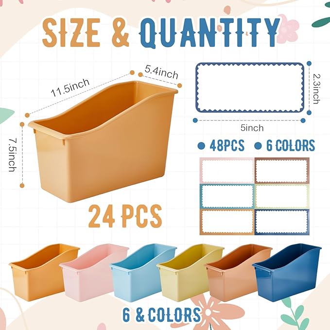 Geetery 24 Pcs Book Bin for Classroom with Labels Stackable Plastic Organizing Bins 11.5 x 5.4 x 7.5 in Book Holders Storage Bins Box Baskets for Classroom Library Home (Colorful)