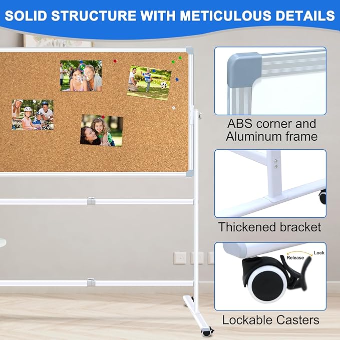 Max-officoo Double-Sided Whiteboard and Corkboard with Rolling Stand 36"x24" Mobile Magnetic Dry Erase Board on Wheels, Adjustable Height & Angle Standing Boards for Office, School, Home
