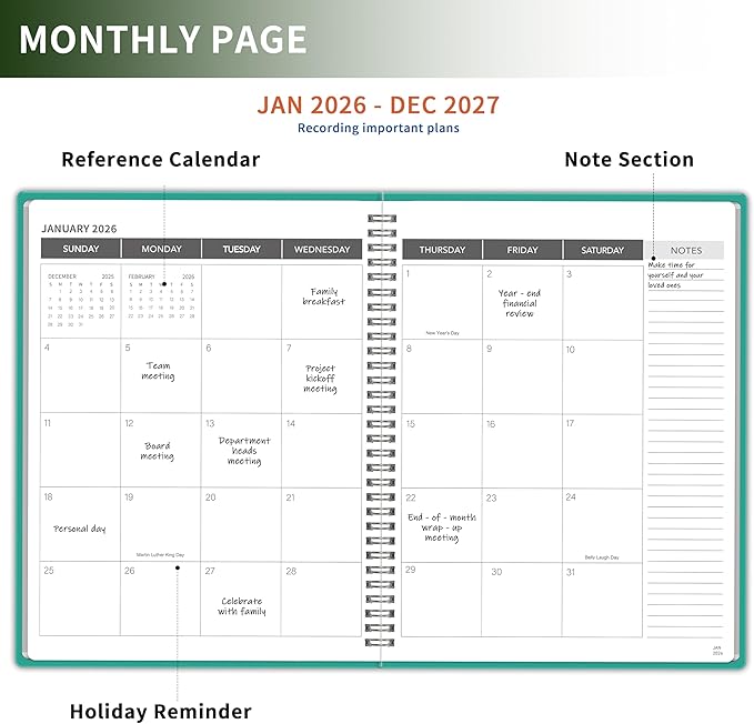 Monthly Planner 2026-2027, 2 year calendar 2026-2027 Calendar Book from Jan 2026 - Dec 2027 with Waterproof PVC Cover, 9'' x 11'', Organize Schedule for School, Office, Family, Grass Green