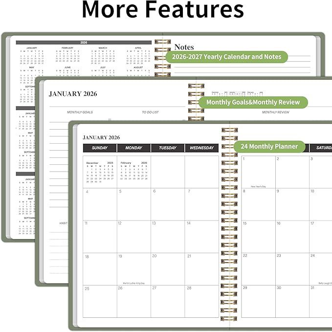KMQOY Monthly Planner 2026-2027, 2026 Calendar 24 Months Planner, Jan 2026 - Dec 2027, 7.5"x10", Personal Calendar with Monthly Goals, To-Do List, Habit Tracker, 2 years for School Office Home Planning(Green)