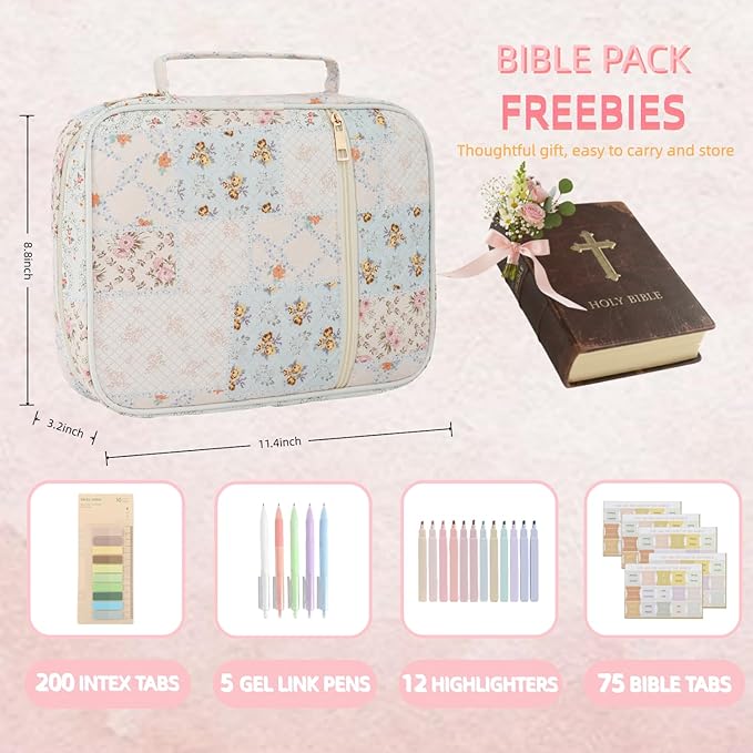 Bible Cover Case for Women Large Bible Cover Bag Bible Study Supplies Accessories Handle Quilted Bible Carrying Case for Girls Christian Gifts for Women