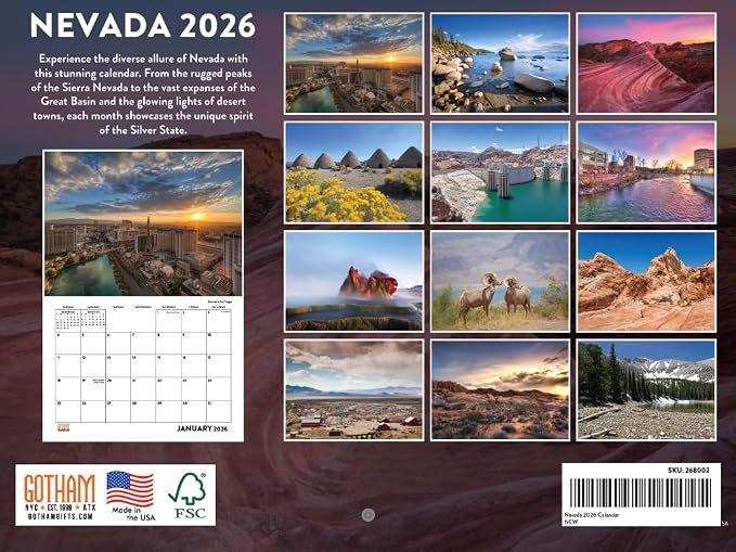 Nevada Calendar 2026 Wall 12 Month Monthly NV Scenic Souvenirs Themed Gifts | American Made In The USA