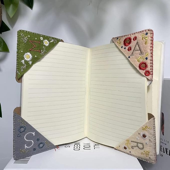 Personalized Hand Embroidered Corner Bookmark, 26 Letters Hand Stitched Felt Corner Letter Bookmark, Cute Flower Embroidery Bookmarks for Book Reading Lovers Meaningful Gift (Fall，K