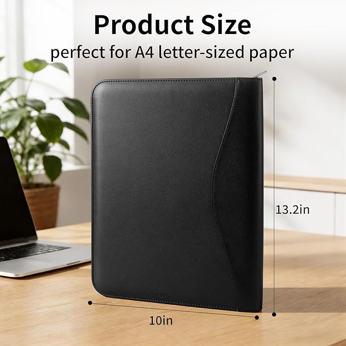 Professional Padfolio with Calculator,Faux Leather Portfolio Folder Binder,Letter Size A4 Legal Writing Pad Holder for Business School Office Conference Notepad Clip Boards (Black)