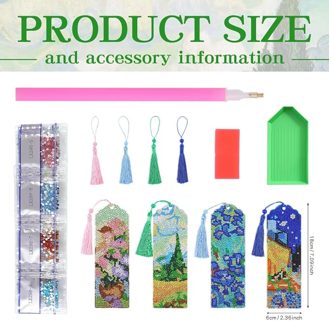 icceemee 4 pcs Oil Painting Themes Diamond Painting Bookmarks, DIY Diamond Art Kits for Adults, Book Corner - Protecting Bookmark Craft Supplies Kits for Book Lovers