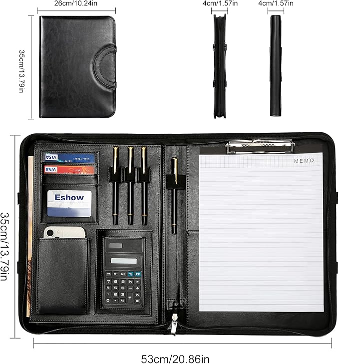 Eshow Leather Portfolio Professional Business Padfolio with Hidden Handle - Interview Resume Notefolio Premium Legal Document Organizer with Card Holder, Notebook and File Folders for Men and Women