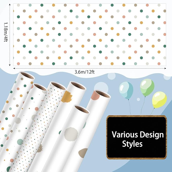 Skyygemm 6 Rolls Classroom Bulletin Board Paper Roll Polka Dot 4 x 12 ft Fade Resistant Colored Background Paper Bulk for Art Decor Drawing Craft(Boho Color)