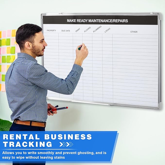 Lincia Property Management Make Ready White Board, Magnetic Maintenance Dry Erase Board with Lines, Sliding Marker Tray, Aluminum Frame Checklist Whiteboard for Apartment Maintenance Repair Tracking