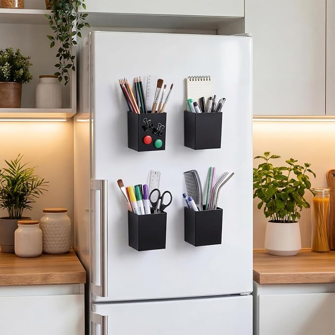 Affrolling 4 Pcs Classroom Magnetic Storage Boxes with Write Wipe Label Magnetic Storage Containers Plastics Pen Holder for Classroom Whiteboard Dry Erase Board Refrigerator Locker Organizer(Black)