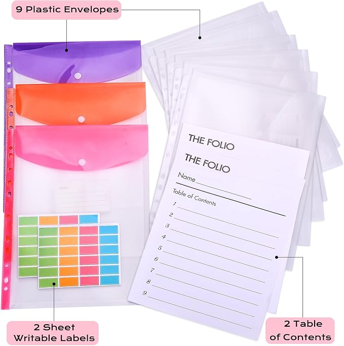 XKDOUS Important Document Organizer Folio Folders with 9 Pockets 3 Ring Linen Binder Organizer Expanding Storage Documents Holder with 9 Pockets and Labels for Papers, Files