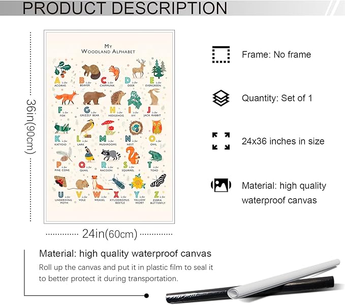 Alphabet Woodland Animal Poster for Toddlers - Educational Learning Poster for Wall, Classroom & Nursery - 24x36in Unframed