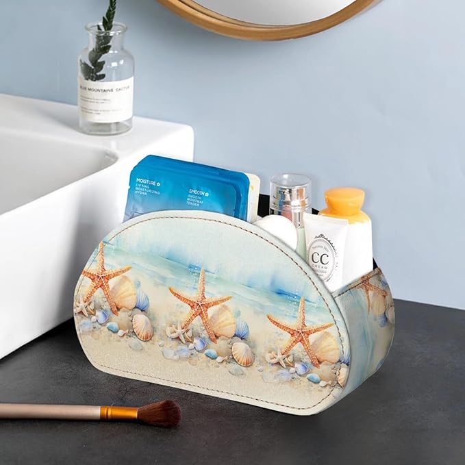 Forchrinse Orange Starfish Print Remote Control Holder,Leather Makeup Organizer with 5 Compartments,Table Decor Storage Remote Caddy for Home Office