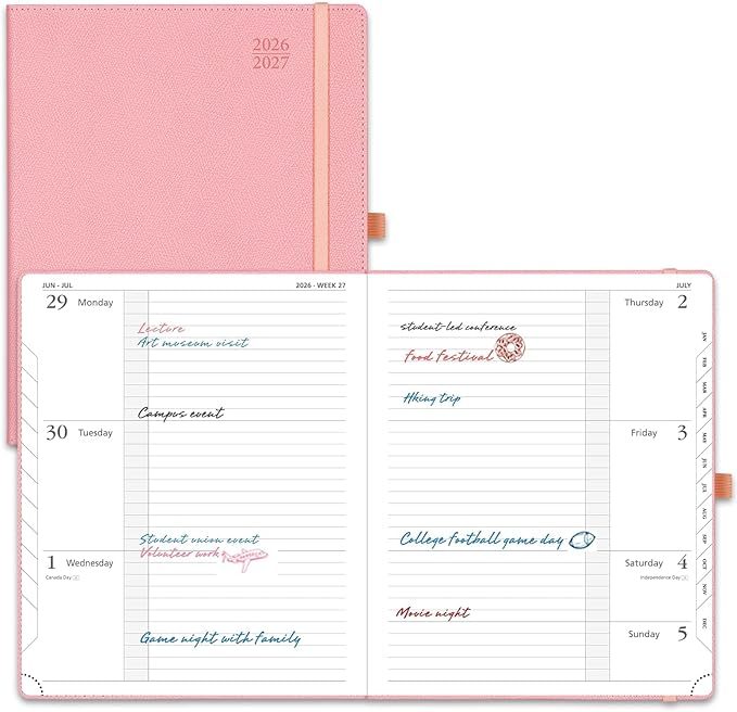POPRUN Planner 2026-2027 (Large 8.5"x 10.5"), Horizontal Weekly Notebook Jul.2026 - Jun.2027, Academic Appointment Book with Monthly Tabs, Leather Hardcover, Inner Pocket - Soft Pink