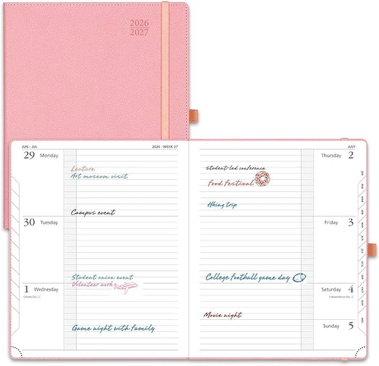 POPRUN Planner 2026-2027 (Large 8.5"x 10.5"), Horizontal Weekly Notebook Jul.2026 - Jun.2027, Academic Appointment Book with Monthly Tabs, Leather Hardcover, Inner Pocket - Soft Pink