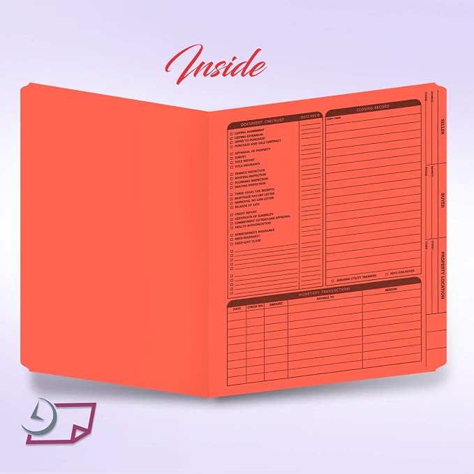 NextDayLabels - Real Estate Listing Folder - Right Panel List, Pre-Printed on Durable Card Stock with Closing Checklist and Color-Coded Dots for Organizing (Orange, Letter Size | Pack of 25)