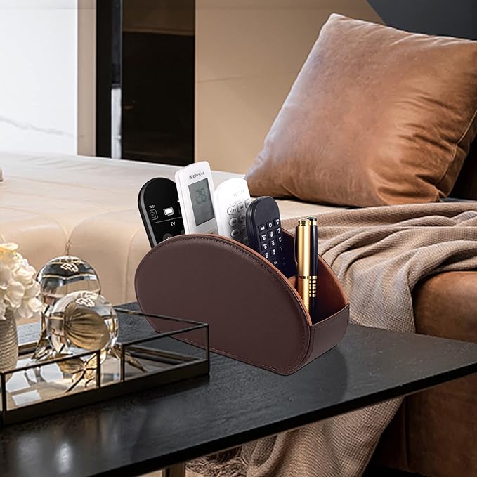 Tv Remote Holder Tray with 5 Compartment,PU Leather Remote Control Holder/Caddy,Placed Media Remote Storage Box/Glasses/Makeup Brush/Office Products/Desktop Organizers Nightstand Decoration (Brown)
