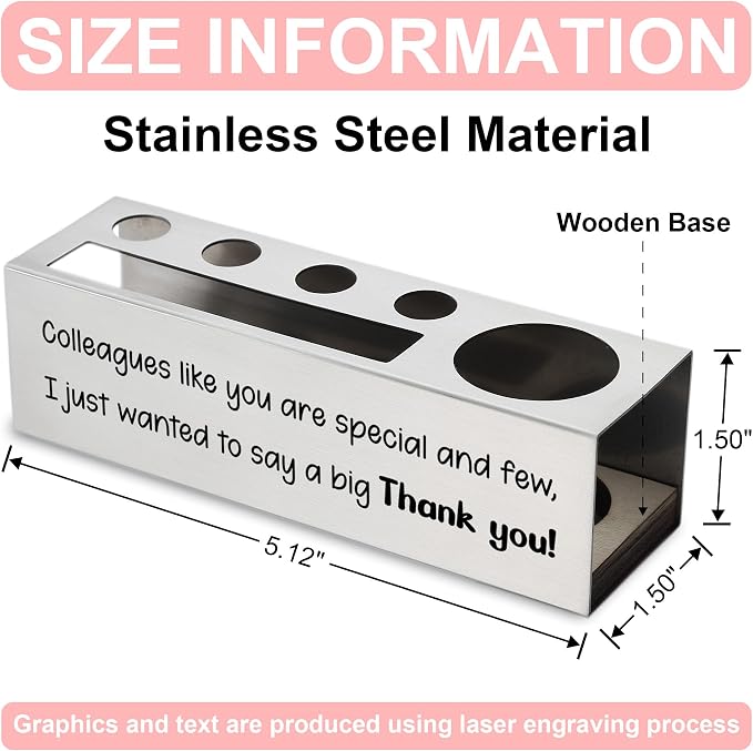 Stainless Steel Pencil Holder with Thank You Quote for Coworker, Appreciation Gift for Office Colleague Men Women, Desk Organizer for Sticky Notes Pens Scissors Ruler, Work Friendship Decor - FBA388