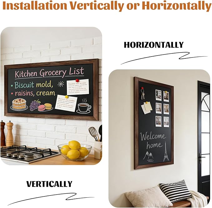Large Magnetic Chalkboard for Wall, 58 x 25 Inch Solid Wood Framed Brown Magnetic Board, Wall Mounted Chalk Board for Kitchen, Restaurant, Food Truck and Calendar Board