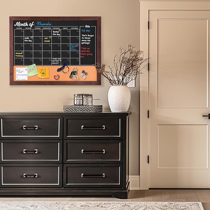 4 THOUGHT Chalkboard Calendar Corkboard Combo, 24" x 18" Bulletin Board Magnetic Calendar Chalkboard for Wall Monthly Planner Combination Board Rustic Brown Frame 4 Markers 8 Magnets 10 Pushpins
