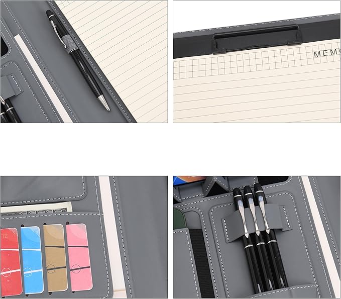 Wason Portfolio Padfolio A4 Leather PU Folder File Document Holder Case with Writing Pad Removable Clipboard Card Stationary Case Phone Tablet Stand for Organizer Office Travel School (Grey)