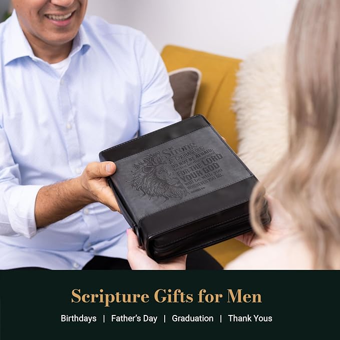 Christian Art Gifts Classic Faux Leather Bible Cover for Men and Women: Be Strong and Courageous - Joshua 1:9 Inspirational Bible Verse with Lion, Gray and Black, XL
