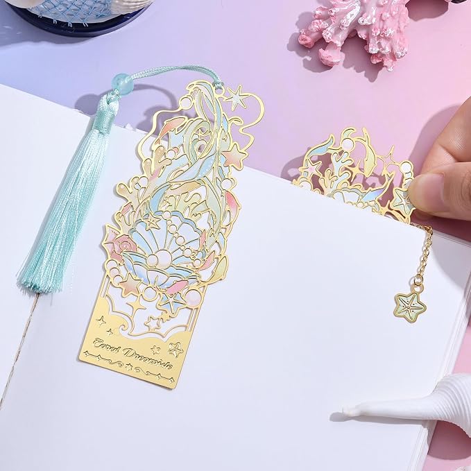 2 Pcs Metal Bookmark Gift Box, Golden Hollow Bookmarks Ocean Painting Theme Book Mark for Women, Book Lovers Writers Readers and Teens, Perfect for Birthday and Graduation Gifts(Green)