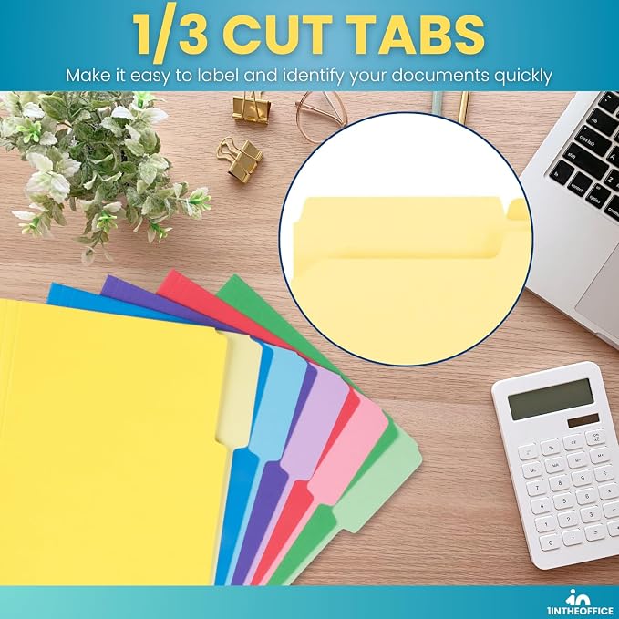 1InTheOffice Colored File Folders, Letter Size, 1/3-Cut Tab, Assorted Colors, 24 Pack